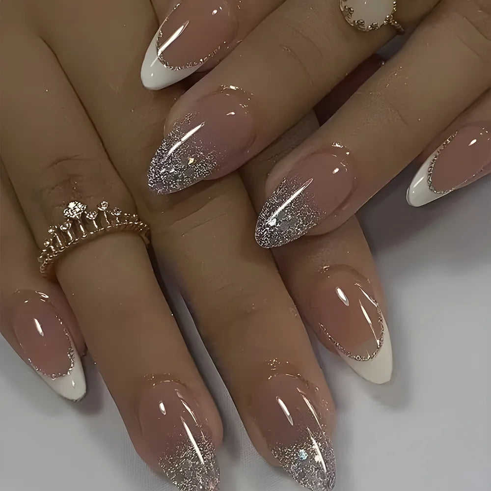 24Pcs Metallic Cat Eye French Sheer Manicure Tip Art Textured 3D Acrylic False Nails Nude Pink Almond Medium Press on Fake Nails