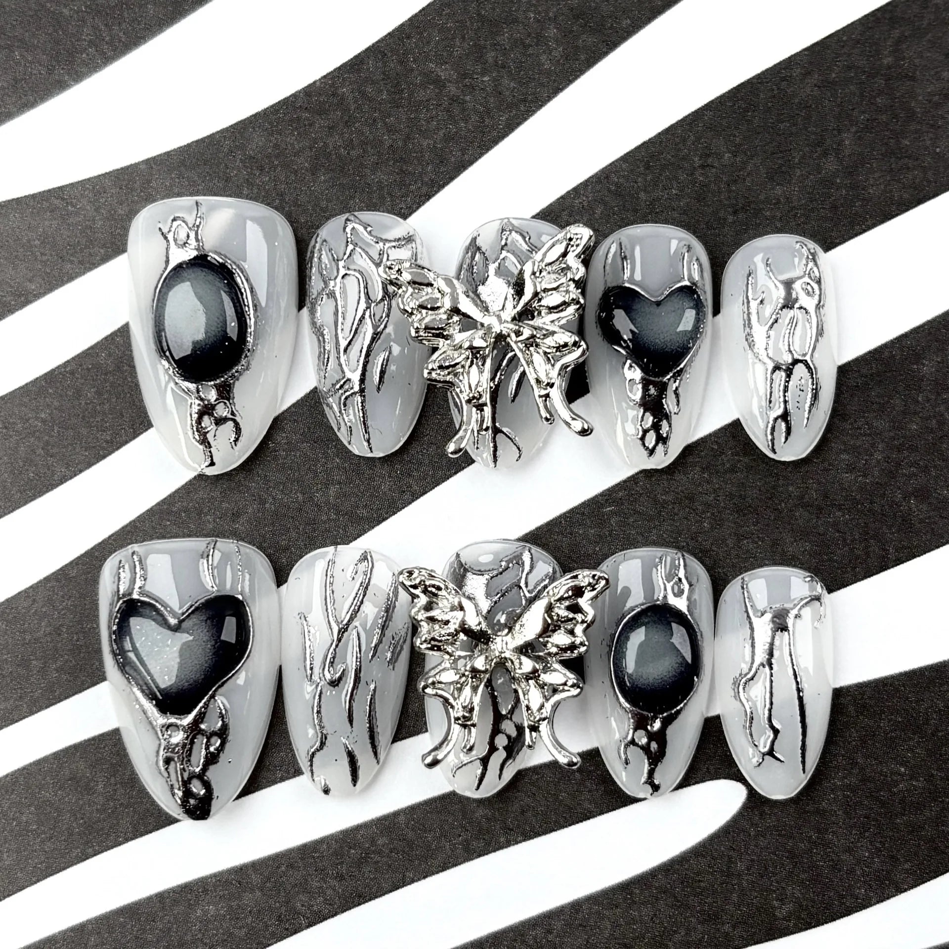 10Pcs Fake Nails Metallic Butterfly Silver-Plated Sexy Almond-Shaped Press-On Nails—Perfect As A Gift for Girls and Friends