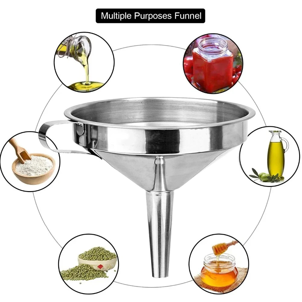 3 Sizes Stainless Steel Kitchen Funnel Food Grade Metal Funnel with Strainers Wide Mouth Funnel for Canning Kitchen Tools