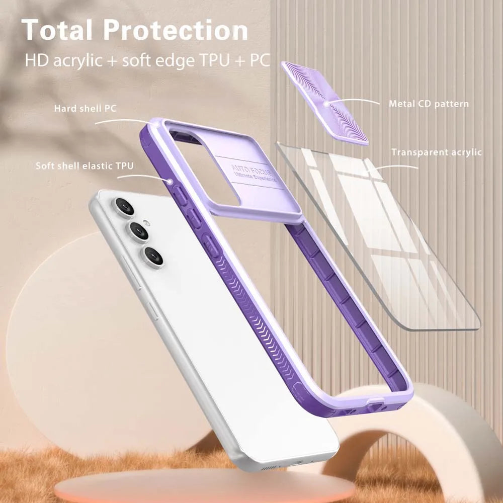 Transparent Slide Camera Lens Cap Case For Samsung Galaxy A14 A15 A35 A55 A05S A24 A34 A54 A33 A52 A32 A13 A23 Hard Full Cover