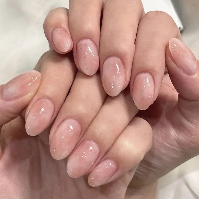 24Pcs Short Oval Head Blush Pink Press on Nails with Simple Designs Almond Nails Wearable Acrylic Full Cover Nail Tips with Glue
