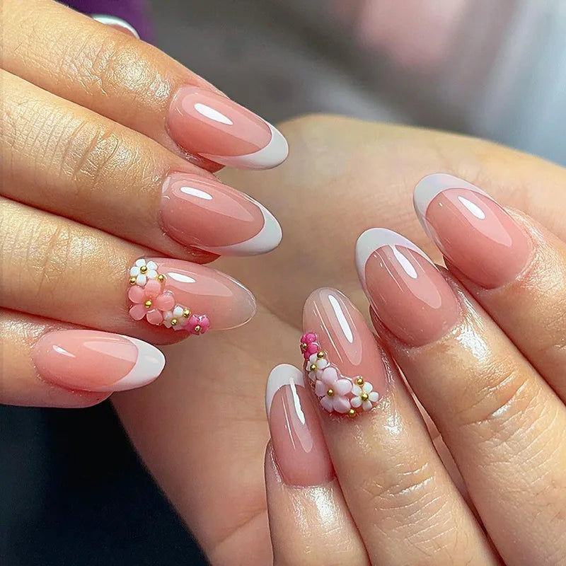 24pcs Pink Almond Press on Nails Flower Pattern False Nails Wearable Stick-on Nails Fake Nail Uñas Postizas Накладные Ногти 네일팁