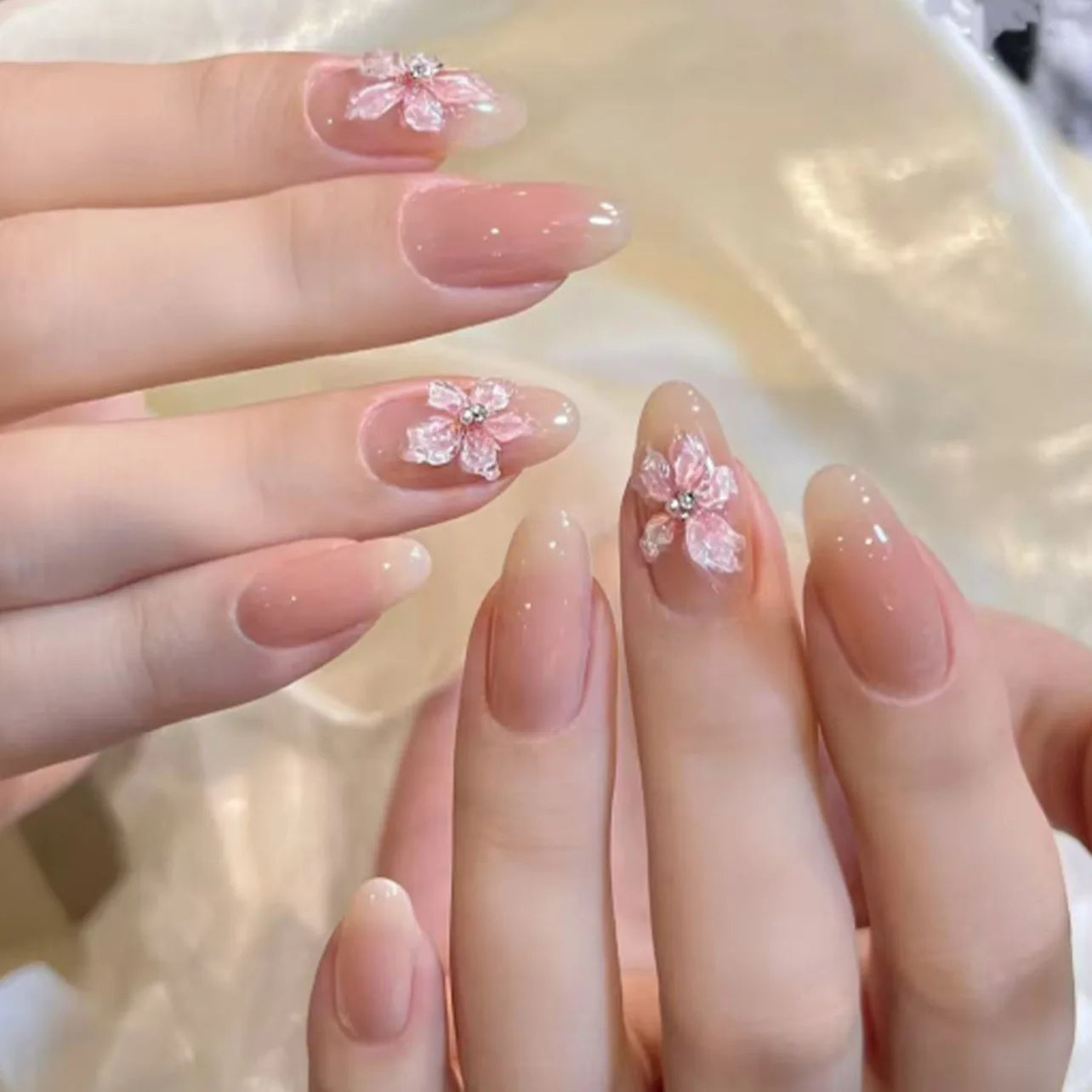 24pcs Pink Almond Press on Nails Flower Pattern False Nails Wearable Stick-on Nails Fake Nail Uñas Postizas Накладные Ногти 네일팁