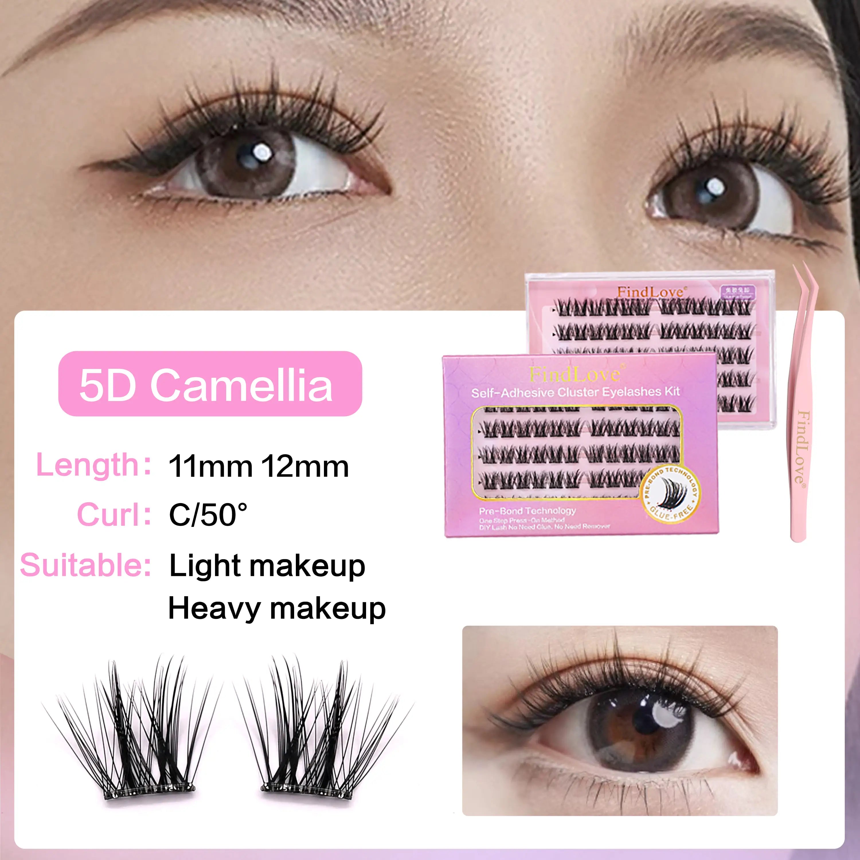 FindLove 5D Glue Free Eyelash No Glue Needed 11-12mm Lashes W Shape Self Adhesive Reusable Long Lasting Pre Glued Lash Makeup