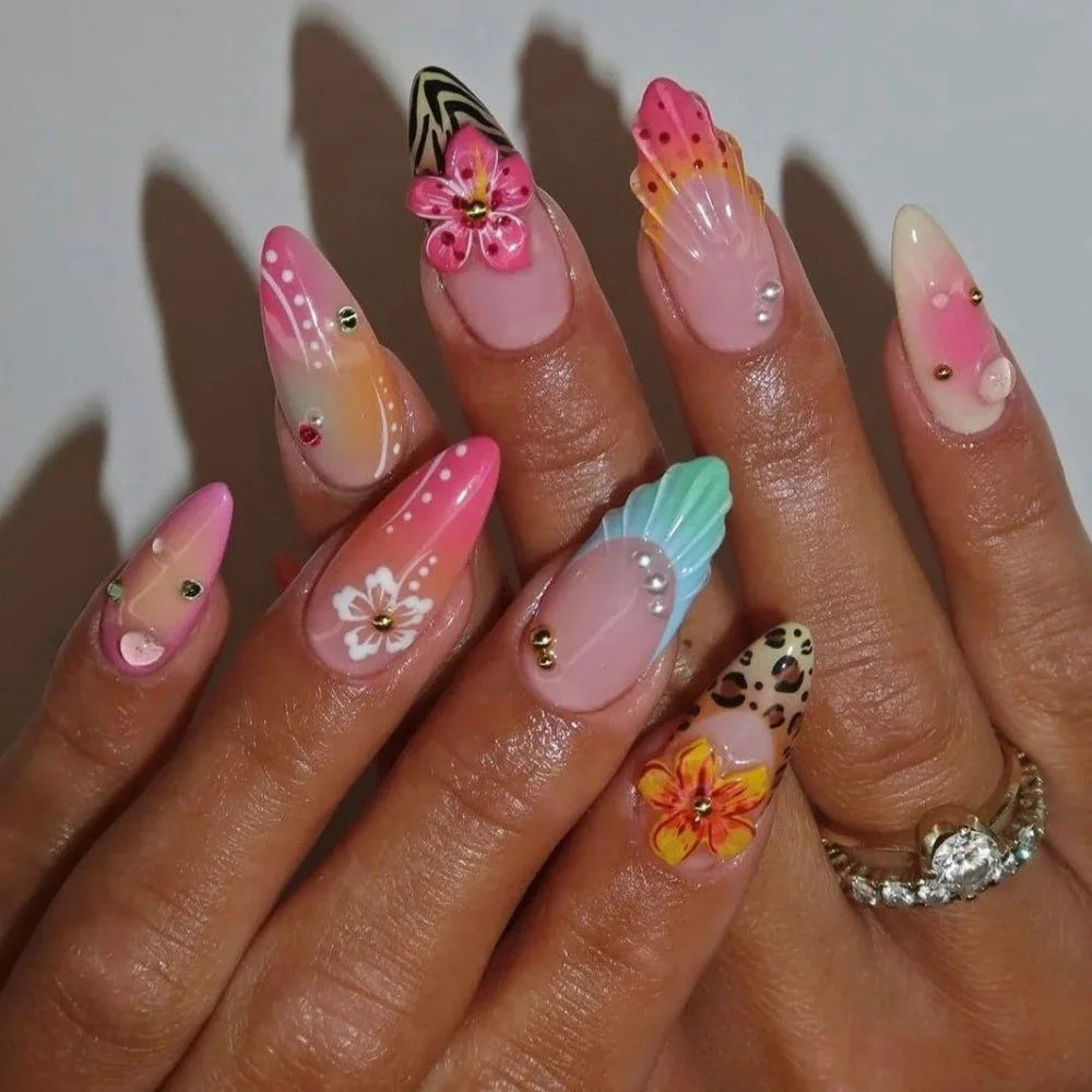 24pcs Pink Almond Press on Nails Flower Pattern False Nails Wearable Stick-on Nails Fake Nail Uñas Postizas Накладные Ногти 네일팁