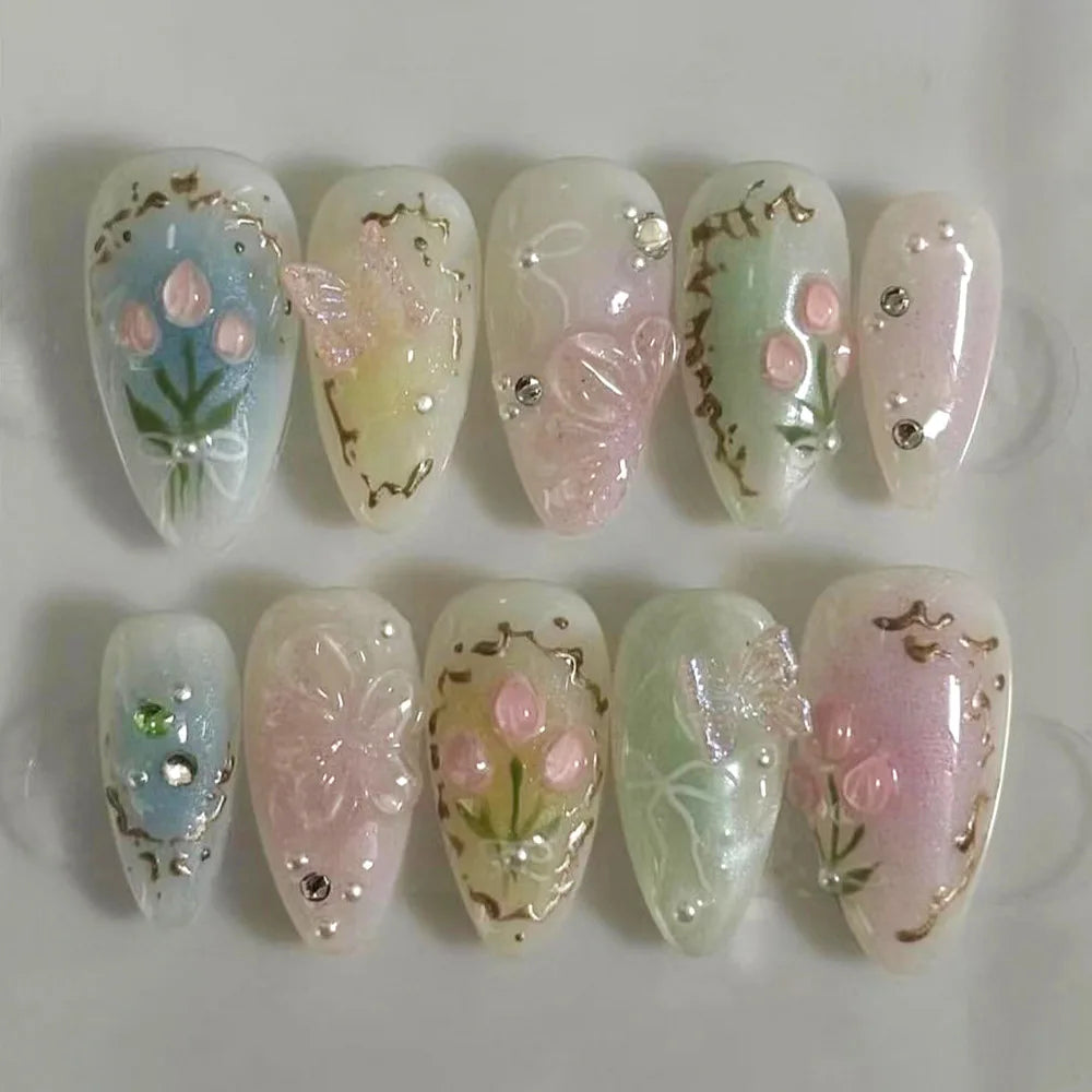 24pcs Pink Almond Press on Nails Flower Pattern False Nails Wearable Stick-on Nails Fake Nail Uñas Postizas Накладные Ногти 네일팁