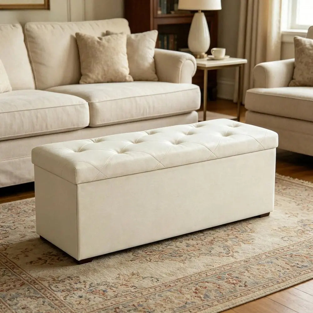 Inches Folding Storage Ottoman Bench, Storage Chest, Foot Rest Stool, Bedroom Bench With Storage, Beige