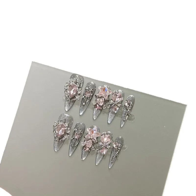 10pcs Handmade Nails Sheer Black and Silver Cat-eye Pink Diamond Long Pointed Press-on Nails—perfect As A Gift for Girls