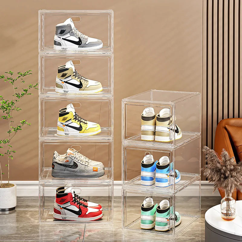 Thick shoe box, fully transparent magnetic shoe storage box, multi-layer stacked shoe cabinet, plastic shoe rack, large shoe box