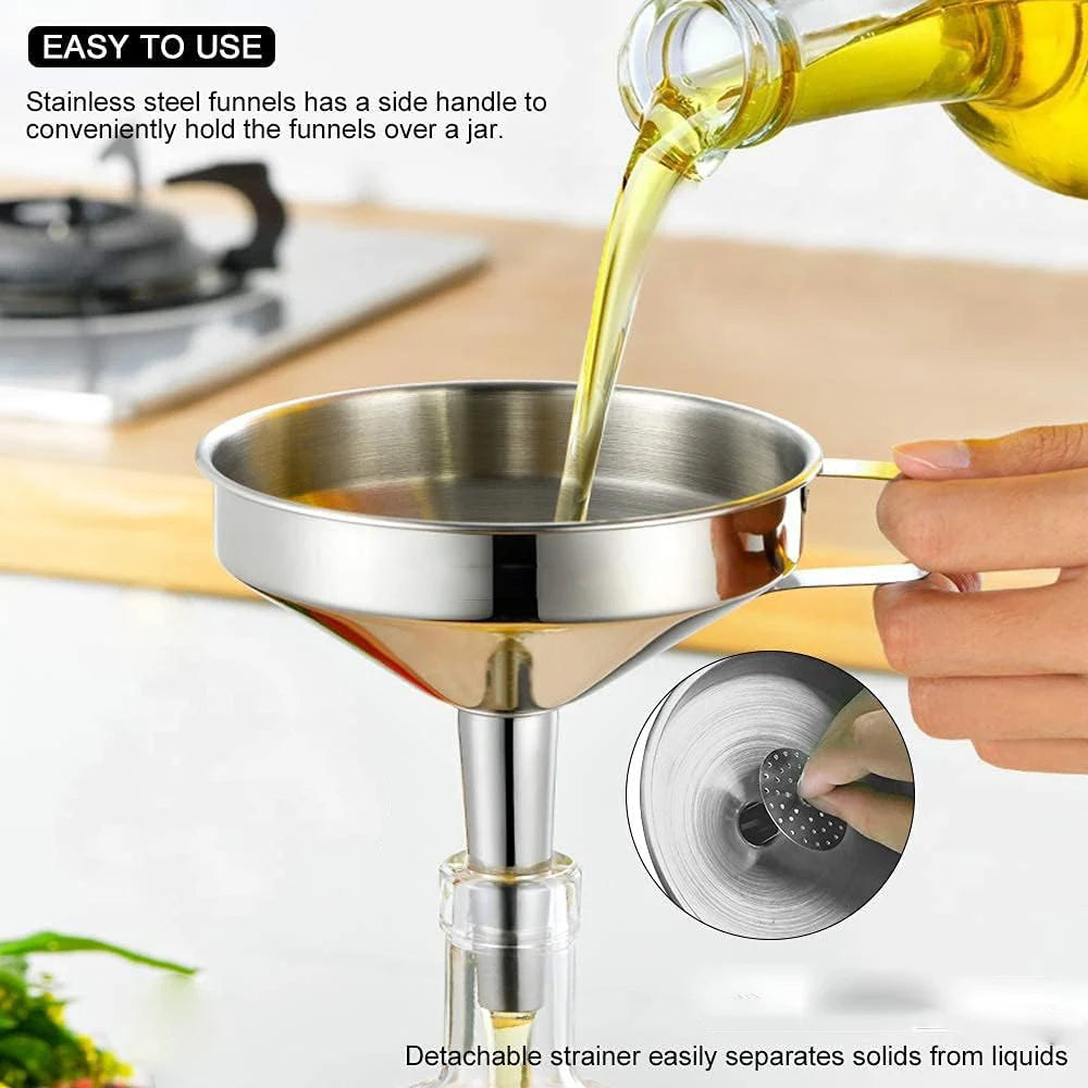 3 Sizes Stainless Steel Kitchen Funnel Food Grade Metal Funnel with Strainers Wide Mouth Funnel for Canning Kitchen Tools