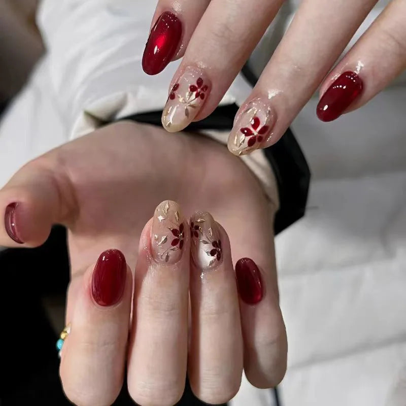 24pcs Pink Almond Press on Nails Flower Pattern False Nails Wearable Stick-on Nails Fake Nail Uñas Postizas Накладные Ногти 네일팁