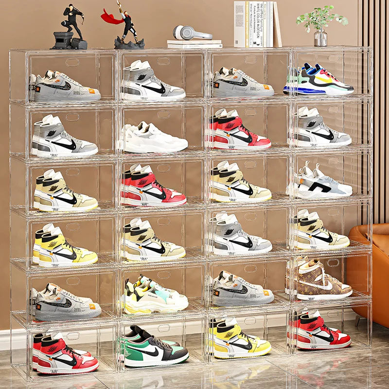 Thick shoe box, fully transparent magnetic shoe storage box, multi-layer stacked shoe cabinet, plastic shoe rack, large shoe box