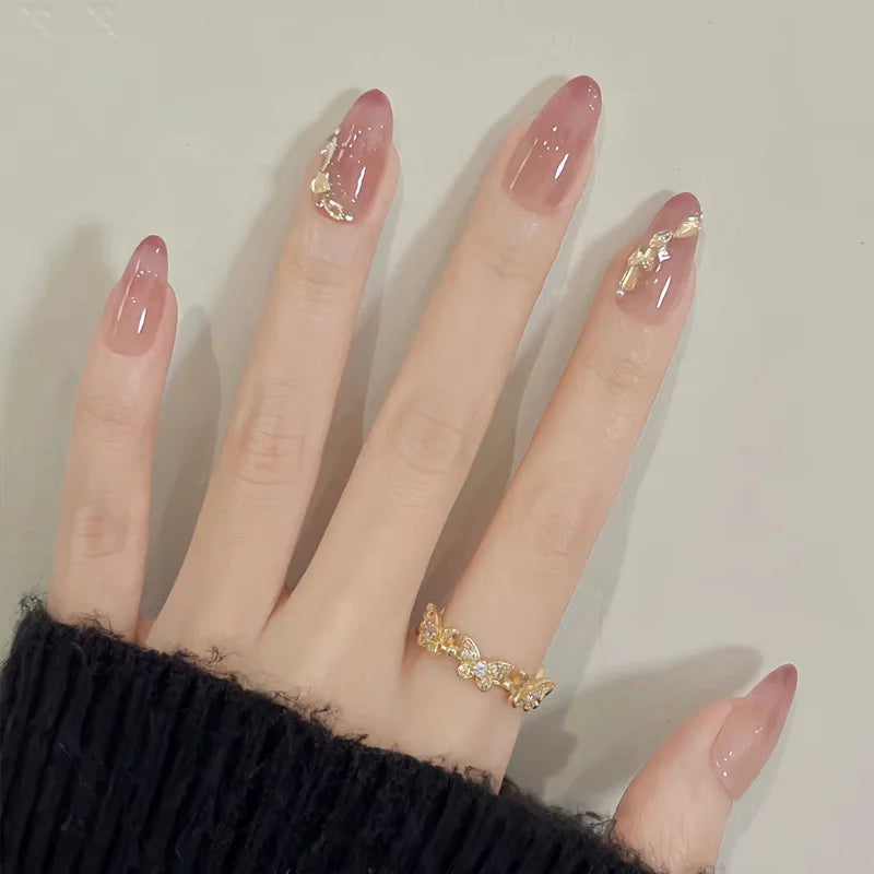 24Pcs Short Oval Head Blush Pink Press on Nails with Simple Designs Almond Nails Wearable Acrylic Full Cover Nail Tips with Glue