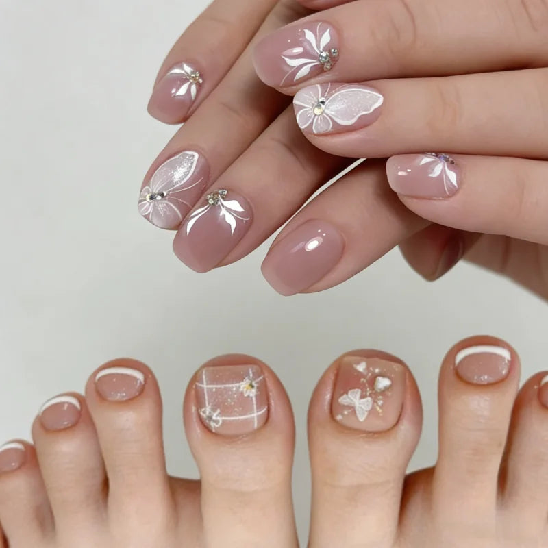 24+24pcs Fingernail and Toenail Tips with A White French Manicure and Butterfly Print These Press-on Nails Make A Gift for Girls