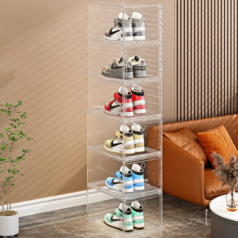 Thick shoe box, fully transparent magnetic shoe storage box, multi-layer stacked shoe cabinet, plastic shoe rack, large shoe box
