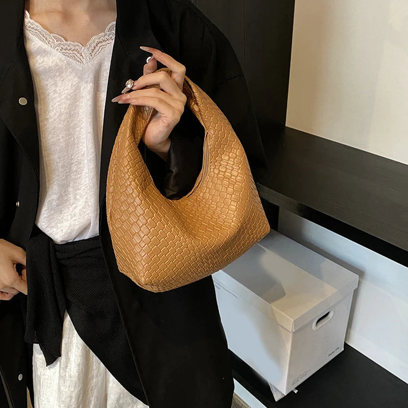 Women Classic Fashion Woven Embossed Hobo Soft PU Leather Small Top-handle Shoulder Bag Casual Daily Handbags