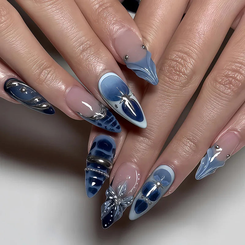 24pcs Pink Almond Press on Nails Flower Pattern False Nails Wearable Stick-on Nails Fake Nail Uñas Postizas Накладные Ногти 네일팁