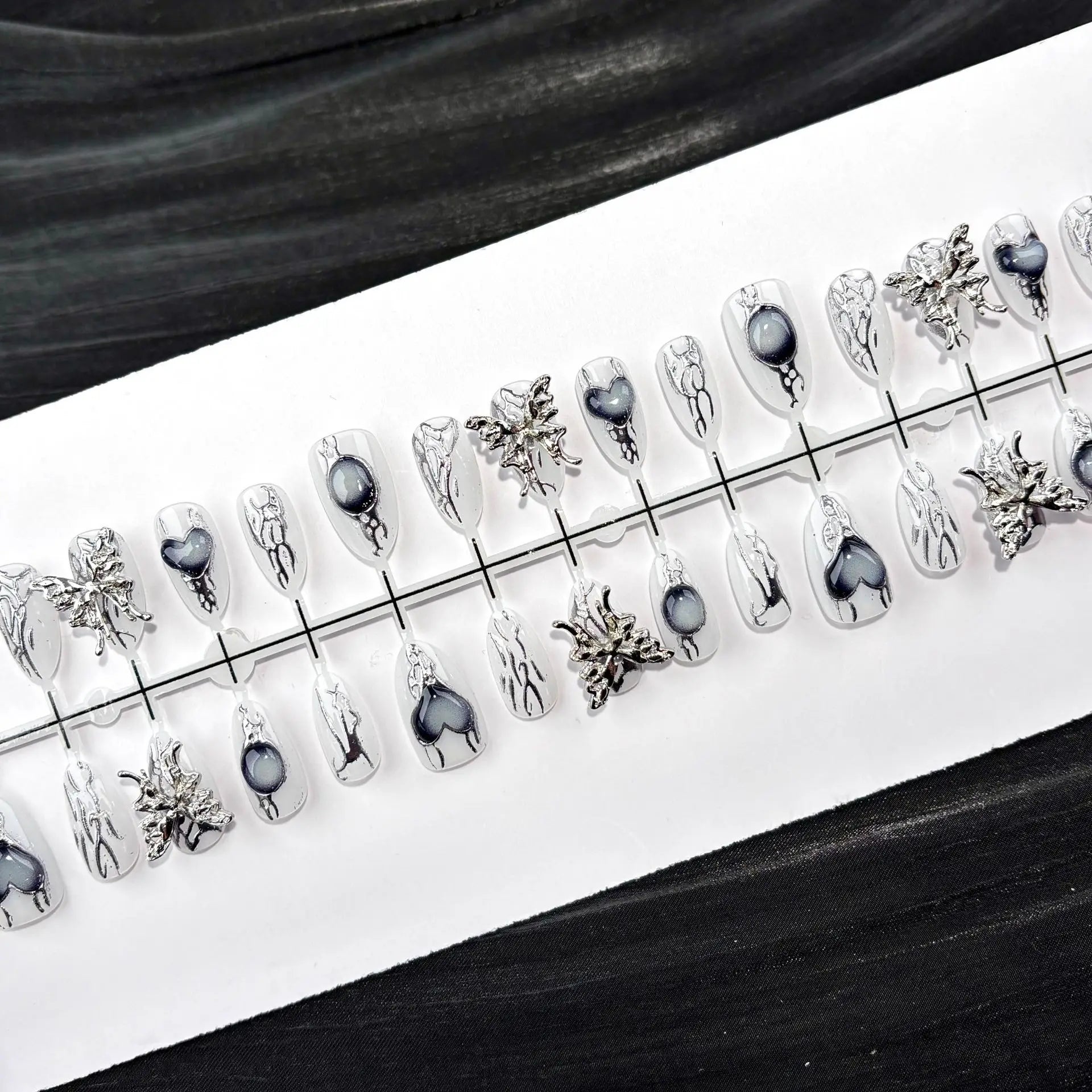 10Pcs Fake Nails Metallic Butterfly Silver-Plated Sexy Almond-Shaped Press-On Nails—Perfect As A Gift for Girls and Friends