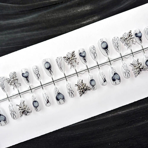 10Pcs Fake Nails Metallic Butterfly Silver-Plated Sexy Almond-Shaped Press-On Nails—Perfect As A Gift for Girls and Friends